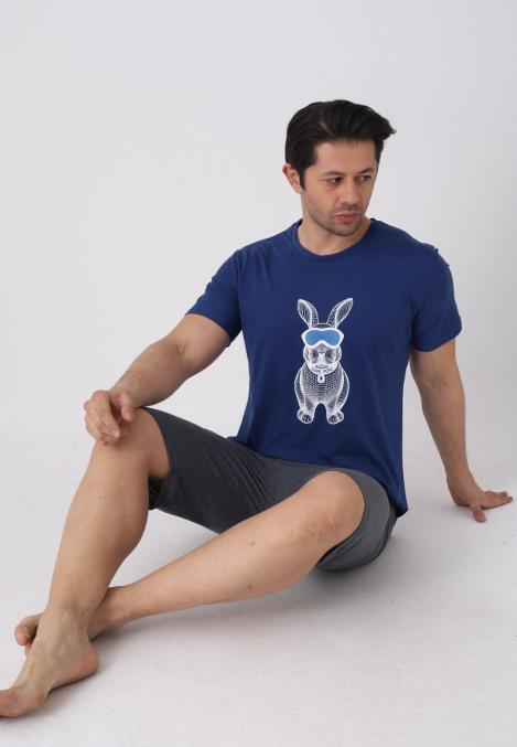 Pijama barbat cu maneca scurta si pantaloni 3/4, culoare bleumarin, Engros